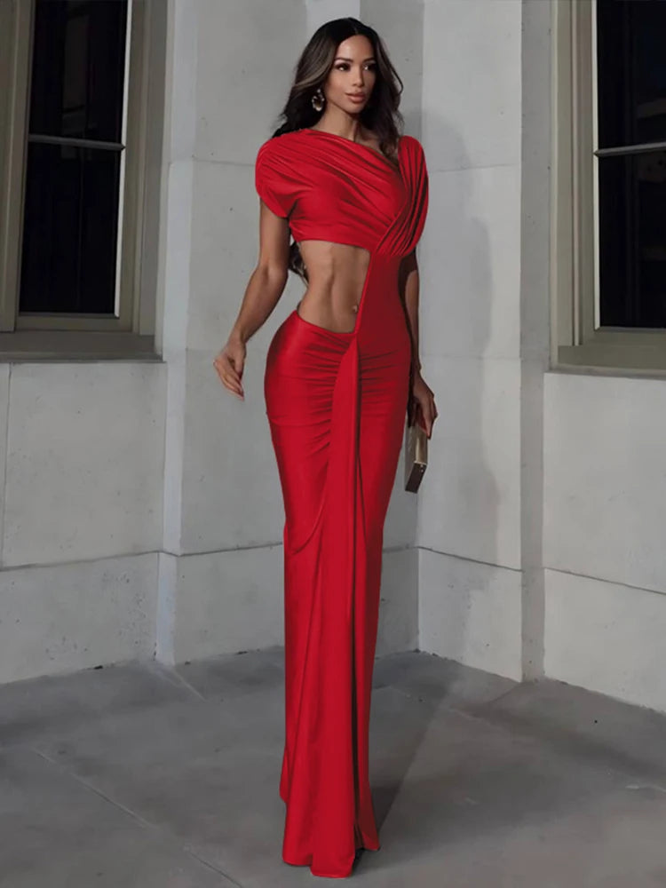 Nibber Irregular Hollow Dress Women Ruched Diagonal Collar Shorts Sleeve Waistless Slits Street Trend Temperament Long Bodycon