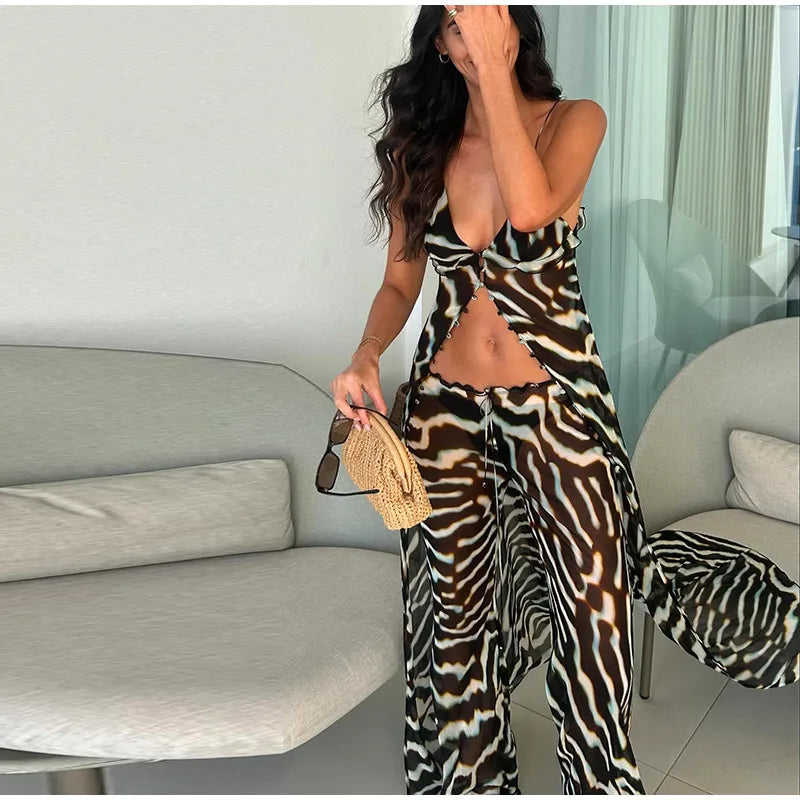 Women's Zebra Print Sheer Chiffon 2 Piece Set V-Neck Slip Tank Top Wide Leg Pants Casual Vacation Chic Outfits