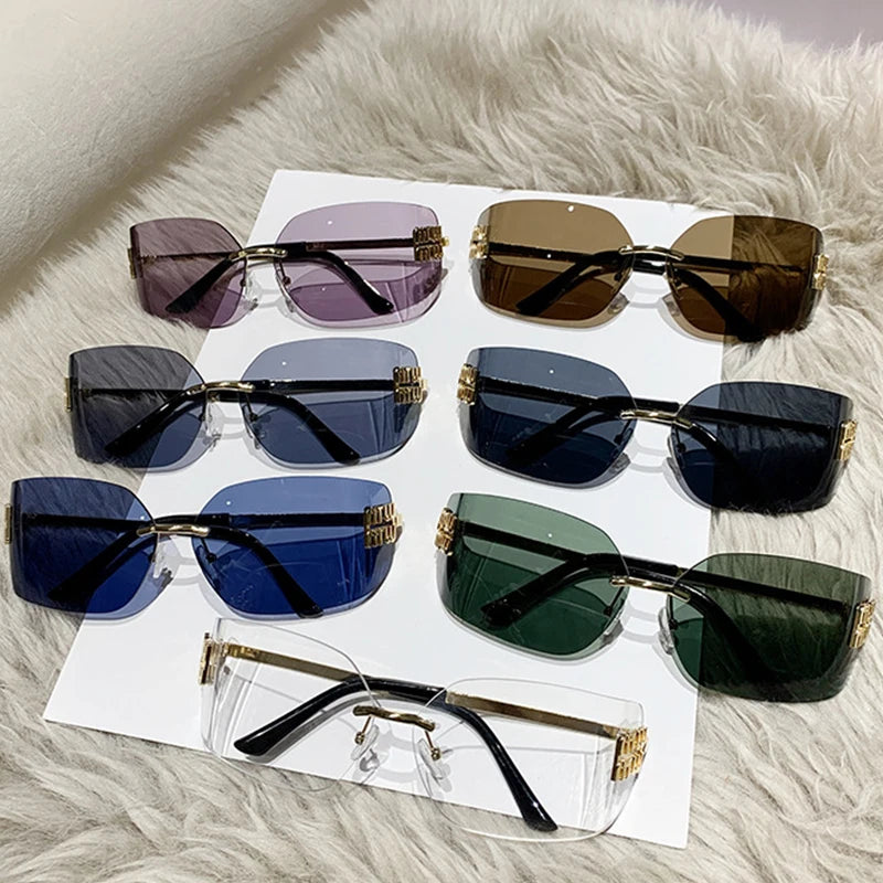 Classic Sun Glasses Female Funky Metal Luxury Rimless Sunglasses Women Brand Designer Rivets Rectangle Gradient Curved Shades