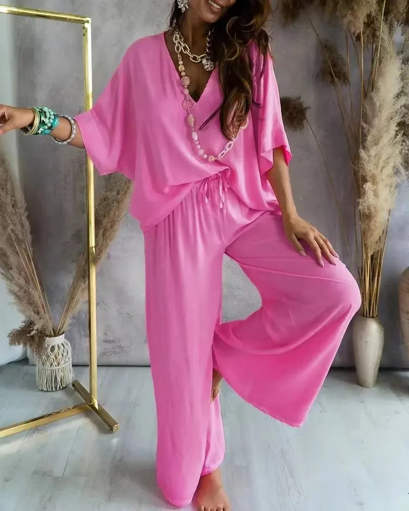 2024 Summer Long Pant Sets Two Piece Set For Women V Neck Bat Sleeve Loose Wide-leg Pants 2 Piece Set Solid Color Casual Outfits