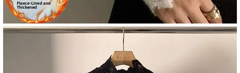 Fleece Lined Lace Base Shirt Women's Autumn Winter Hollow out Mesh Top Trendy Commute Style High Neck Long Sleeve  Color
