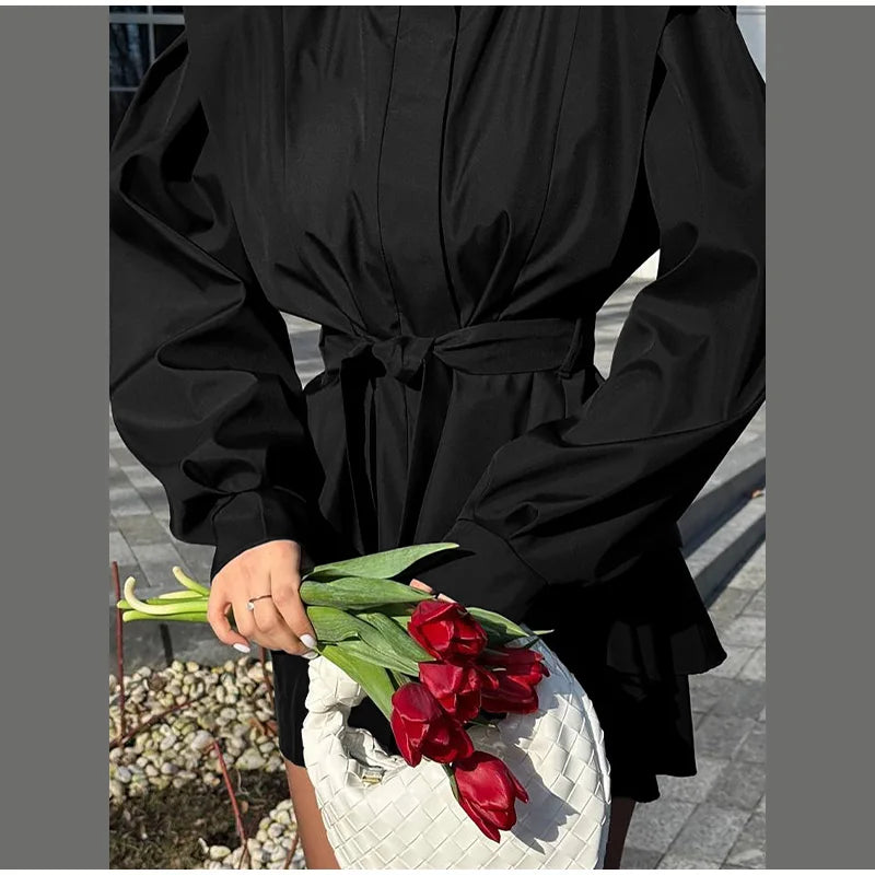 Fashion Stand Collar Belted Waist Short Jacket For Women Casual Puff Sleeve Wide Shoulder Coat Lady 2026 Chic Street Outerwear