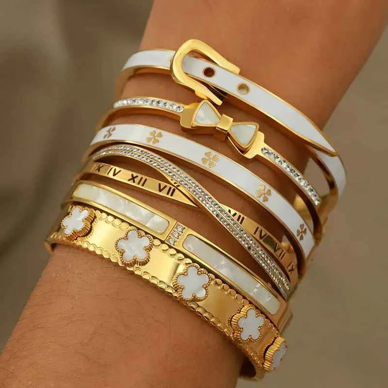 316L Stainless Steel Metal Classic Flower Bangles for Women Fashion Brand Jewelry Delicate Bowknot Bracelets Accessories