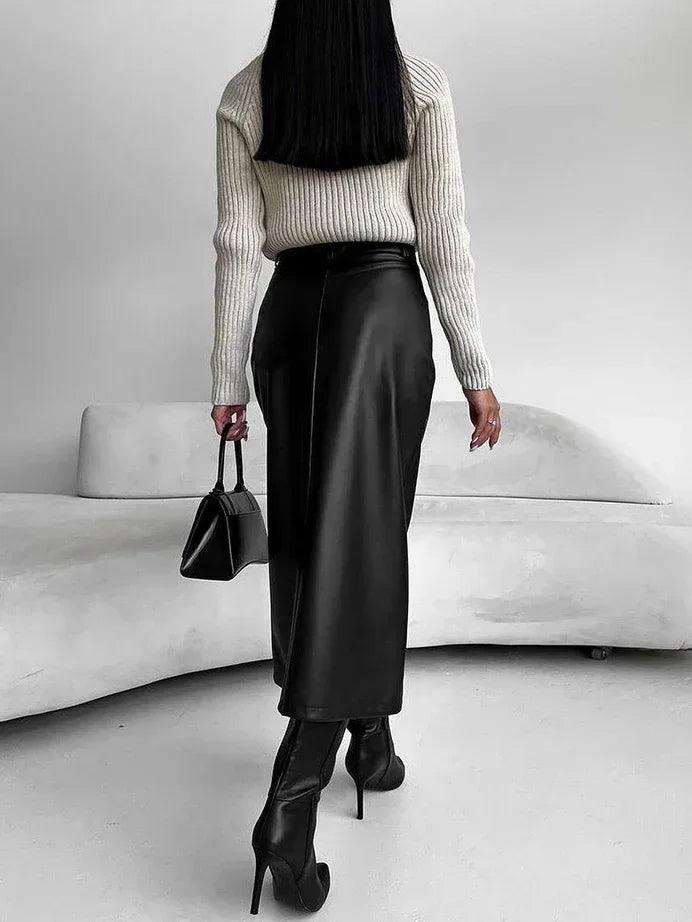 Black PU Women's Midi Skirt with Slit Fro Women 2024 Autumn Elegant Faux Fur Wrap Skirts for Women Office Leather Bottoms Korean - CRAVO ROSE