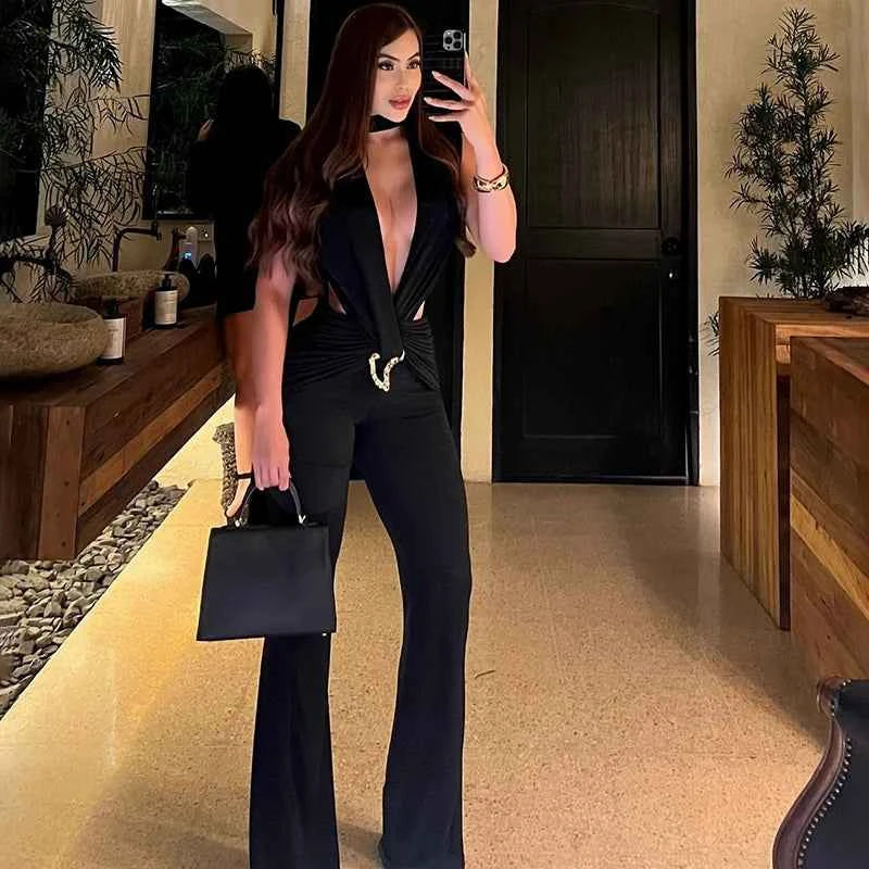 Women Ruched Sexy Metal Trim Jumpsuit Waistless Cross Hollow Bandage Coquette Midnight Workout Hipster Stretch Overalls