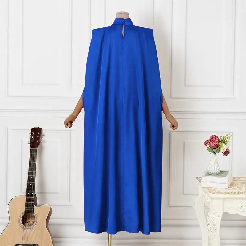 VONDA Women Elegant Satin Dress 2024 Fashion Long Bat Sleeve Stand Collar Evening Pleated Maxi Sundress Casual Solid Loose Robe