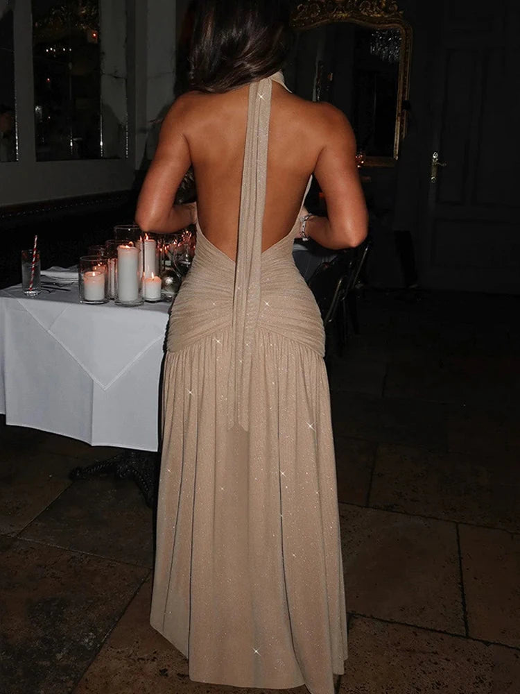 JULISSA MO Glitter Bright Silk Deep V-neck Women Maxi Dress Khaki High Slit Halter Dress Spring Slim Elegant Party Evening Dress