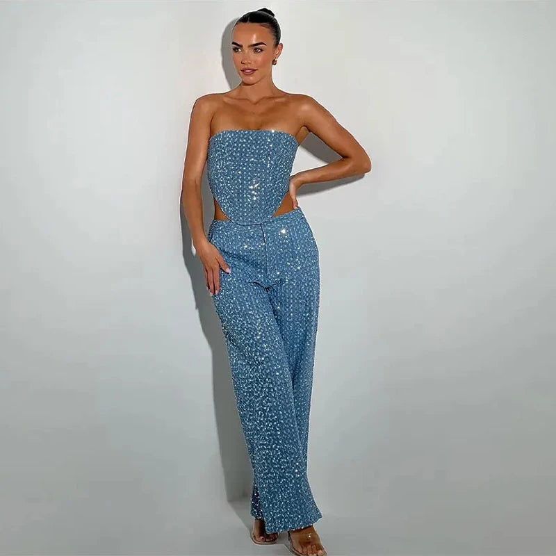 Conjunto Lantejoulas Denim Duas Peças Calças Conjunto Feminino Sexy Sem Alças Zíper Corset Regatas e Jeans Perna Larga Luxo Festa Clube Roupas