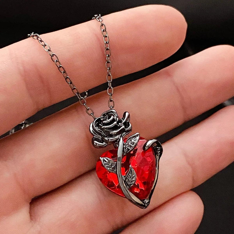 Gothic Rose Red Love Necklace Women's Y2K Grunge Jewelry Dainty Silver Color Tonebloody Human Heart Pendant Personalized Gifts - CRAVO ROSE