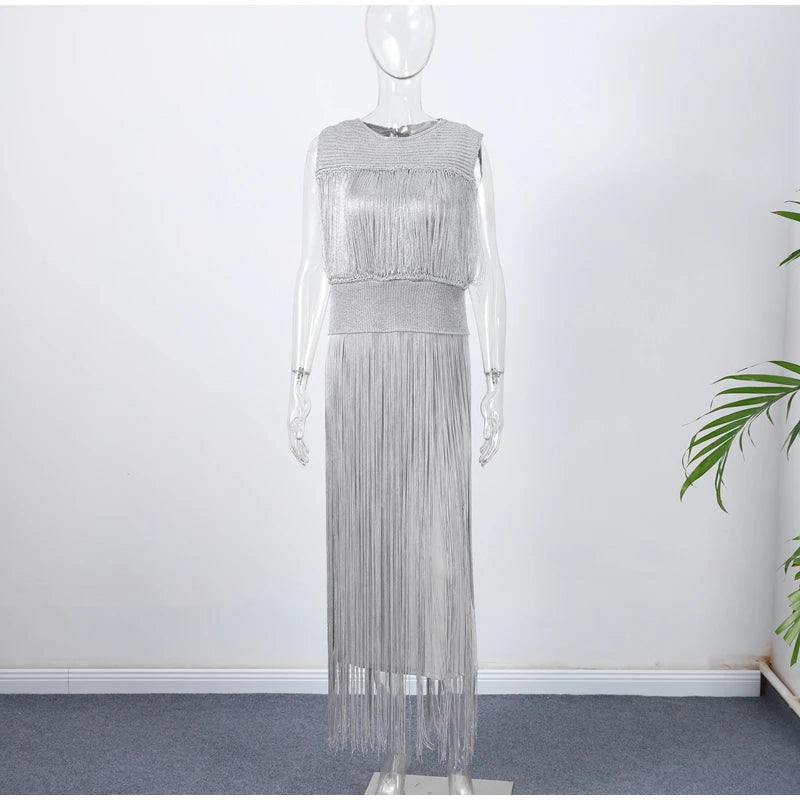 Elegant Tassel Maxi Dress Women Slim Spring Summer O-neck Shine Ankle-length Dresses Lady Sleeveless Solid Robe Female Party