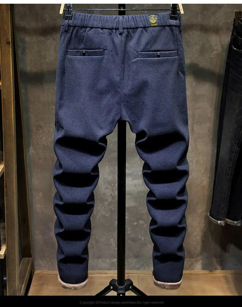 Korean Fashion Fleece Plush Mens Casual Full Length Elastic Waist Autumn and Winter Thickened Drawstring Sports Joggers Trousers
