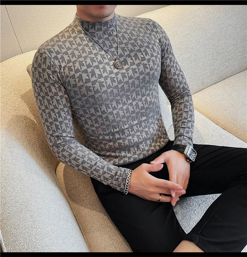 Camiseta elástica estampada de gola alta semi alta para homens, roupas de outono, nova, mangas compridas, jacquard, justa, cor sólida, camiseta slim fit