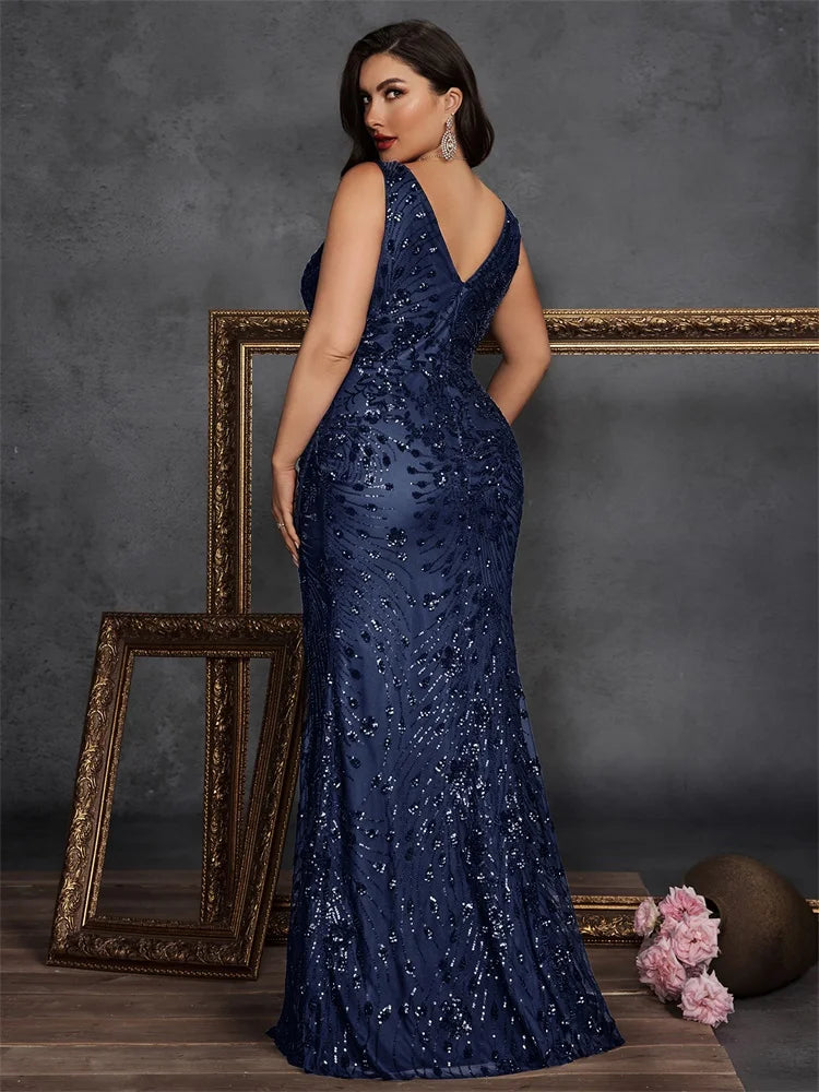 BLUEPLUM Plus Size Elegant Slit Evening Dress 2025 Long Mermaid Formal Sequins Sexy V-neck Caicktail Wedding Party Prom Gowns