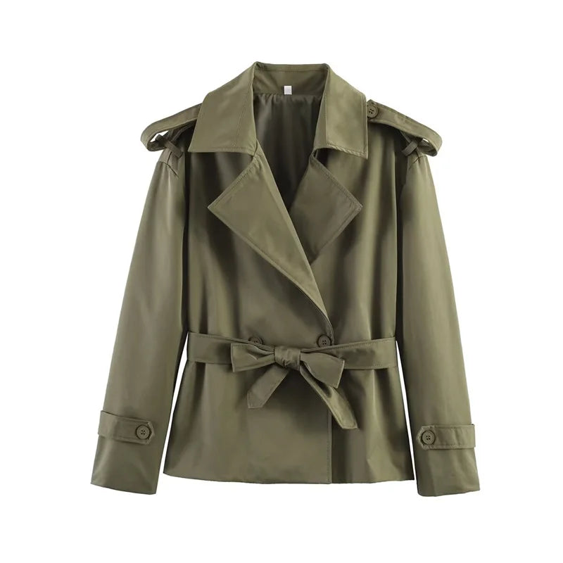 Women's Coat 2026 Spring New Style Solid Color Long Sleeve Belted Short Trench Coat European and American Personalized Fashion