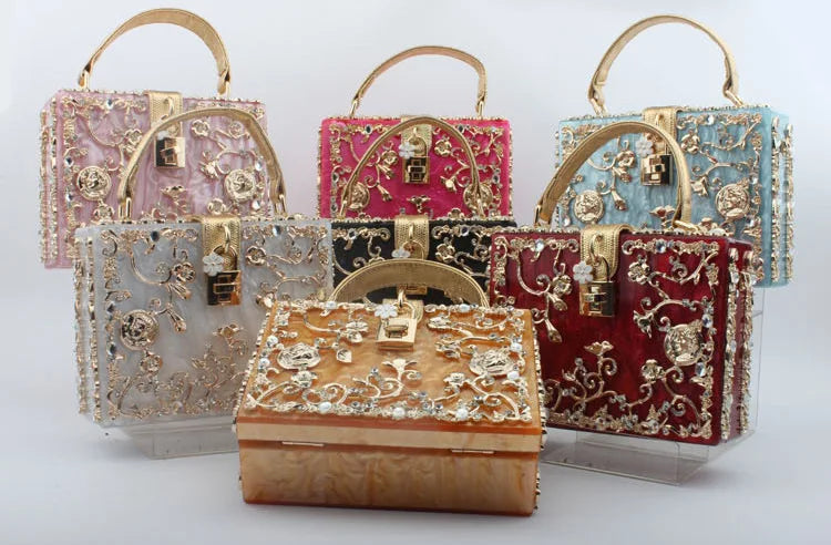 Box Designer evening bag diamond flower Clutch Bag hollow relief Acrylic luxury handbag banquet party purse women's Shoulder bag