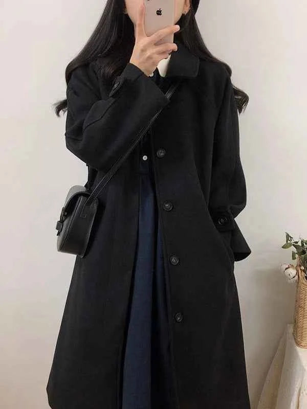 Autumn Winter Korean Style Loose Woolen Coat 2025 Slimming Knee-Length Tweed Women's Mid-Length Elegant Outerwear