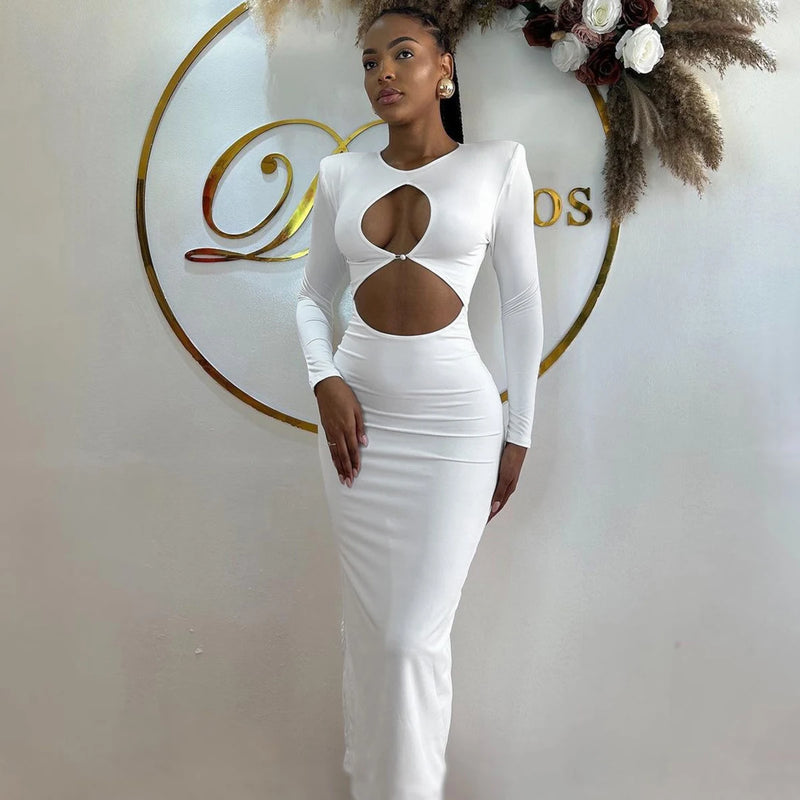 Hawthaw Women 2024 Spring Autumn Sexy Long Sleeve Party Club Hollow Out Bodycon White Long Dress Wholesale Items For Business