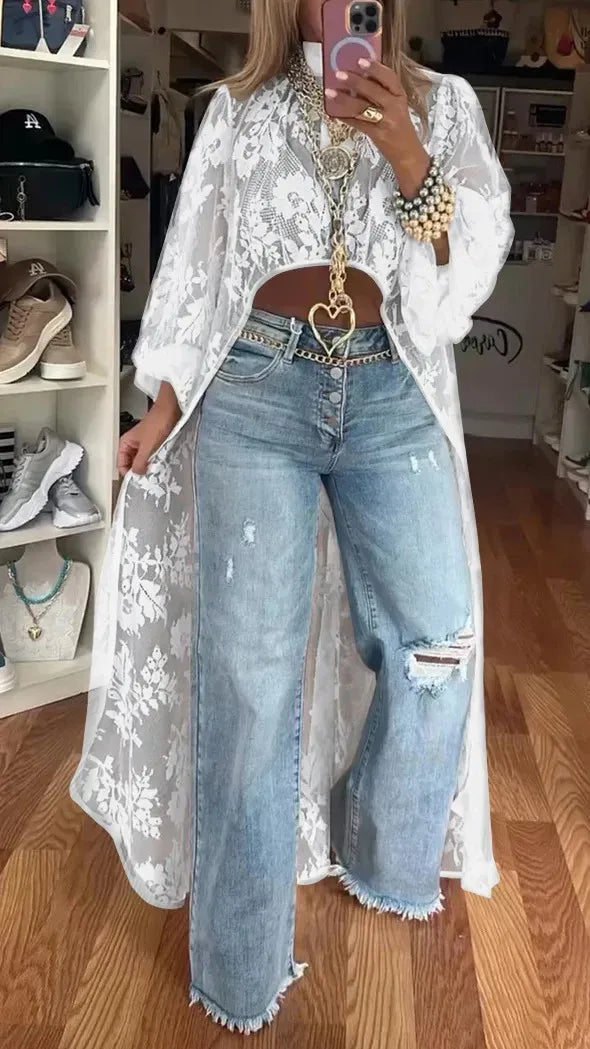 Blusa feminina nova moda 2025 com renda floral e gola alta, manga bufante, frente vazada, curta e longa