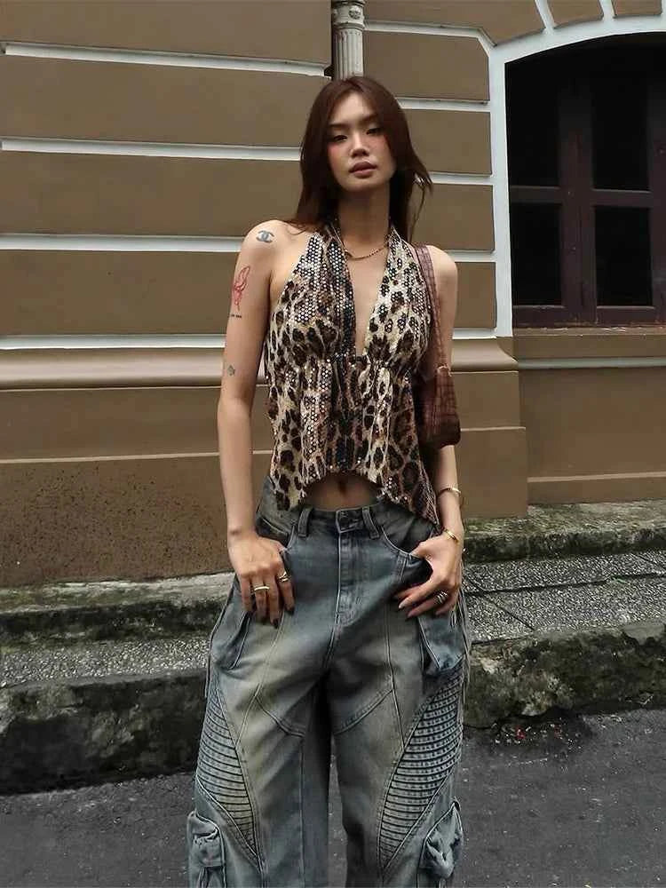 Weird Puss Leopard Sequins Women Vest Y2K Backless Halter V-Neck Lace-Up Sleeveless Street Skinny Wild Summer Trend Tank Tops