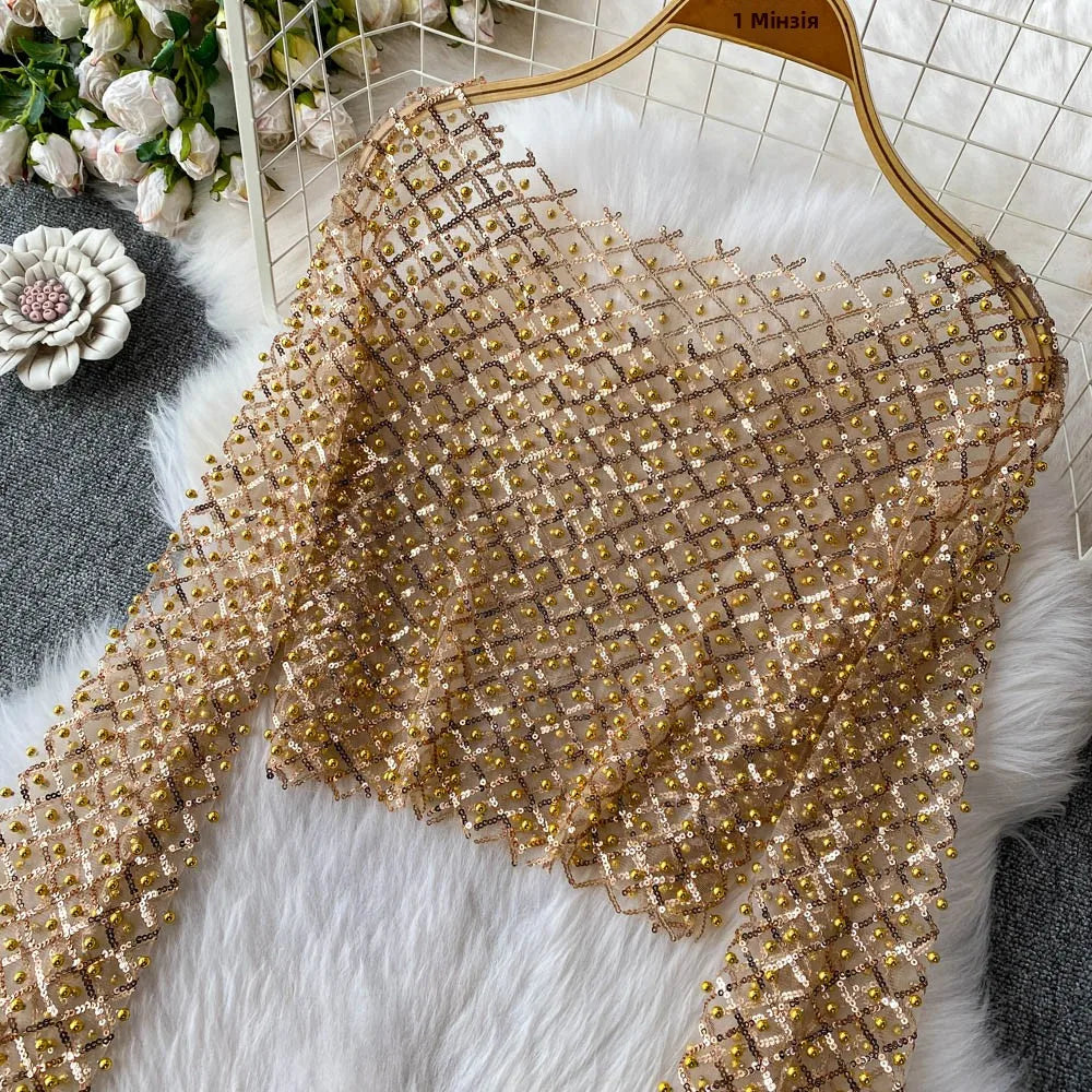 Slim Fit Short Sleeveless T-Shirt Women's New Style round Neck Long Sleeve Shiny Sequin Heavy Duty Bead Commute Style Korean ...