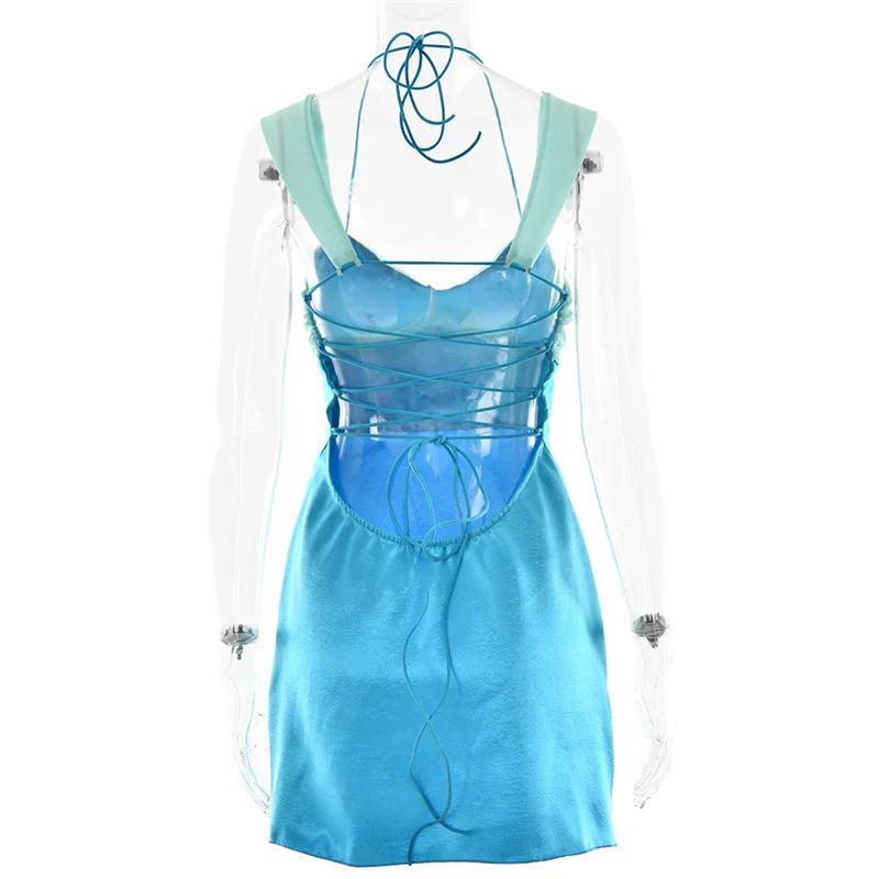 Mozision Patchwork Sleeveless Sexy Mini Dress For Women Robe Satin Strapless Backless Lace-up High Waist A-line Club Dress