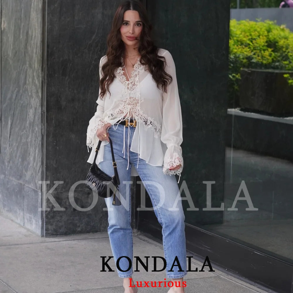 KONDALA Sexy Chiffon Transparent Women Blouses Bow Tie Patchwork Loose Ruffles Shirts Fashion 2026 Summer Beach Holiday Outwear