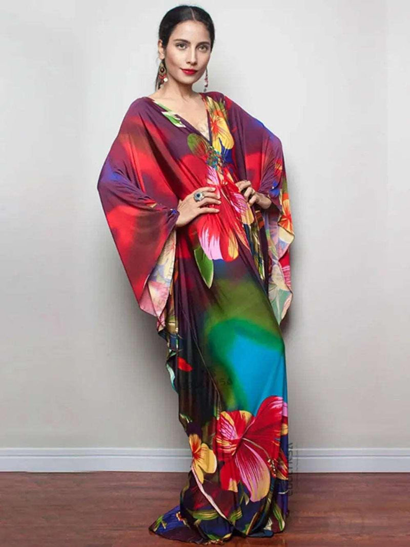 2024 impressão maxi vestido batwing manga túnica primavera/outono vestido de praia túnica casual plus size feminino beachwear kaftan sarongs