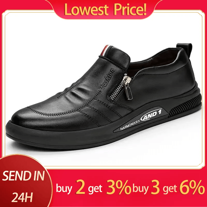 Men's Casual Leather Shoes Trend Brand Loafers for Men Summer Zip Flat Man's Sneakes Business Comfortable Driving Shoe Moccasins - CRAVO ROSE