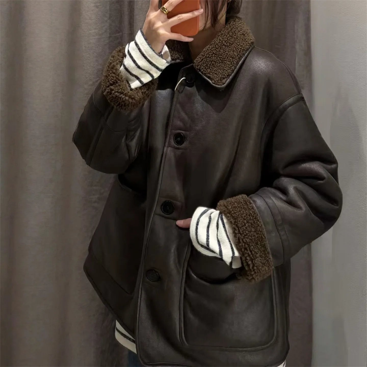 Double-Sided Wear Lamb Fur Jacket Women's Autumn Winter Loose Warm Outerwear Fake Leather Coat Standard Style Long Sleeve