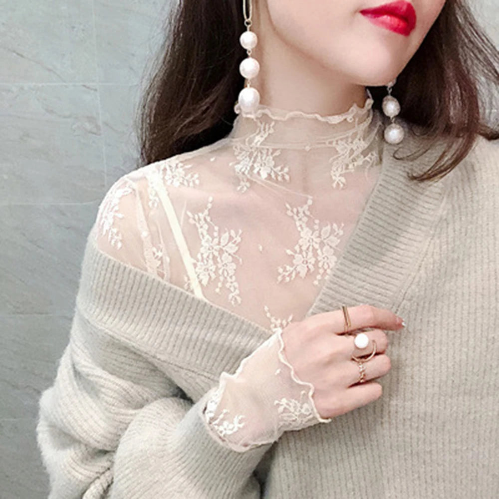 Sexy Mesh Perspective Top Ladies Sheer Blouses Women Lace Floral T Shirt See Through Long Sleeve Tee Shirts Sunscreen Tops