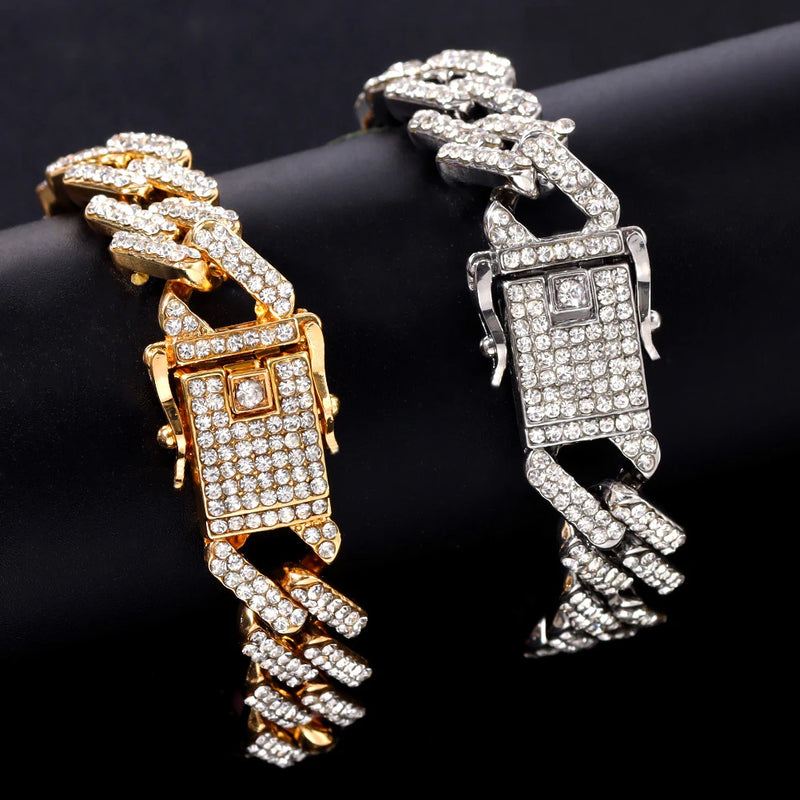 Fashion Bling Paved Rhinestone Prong Cuban Chain Bracelet for Women Men Hip Hop Iced Out Chunky Link Chain Bracelets New Jewelry