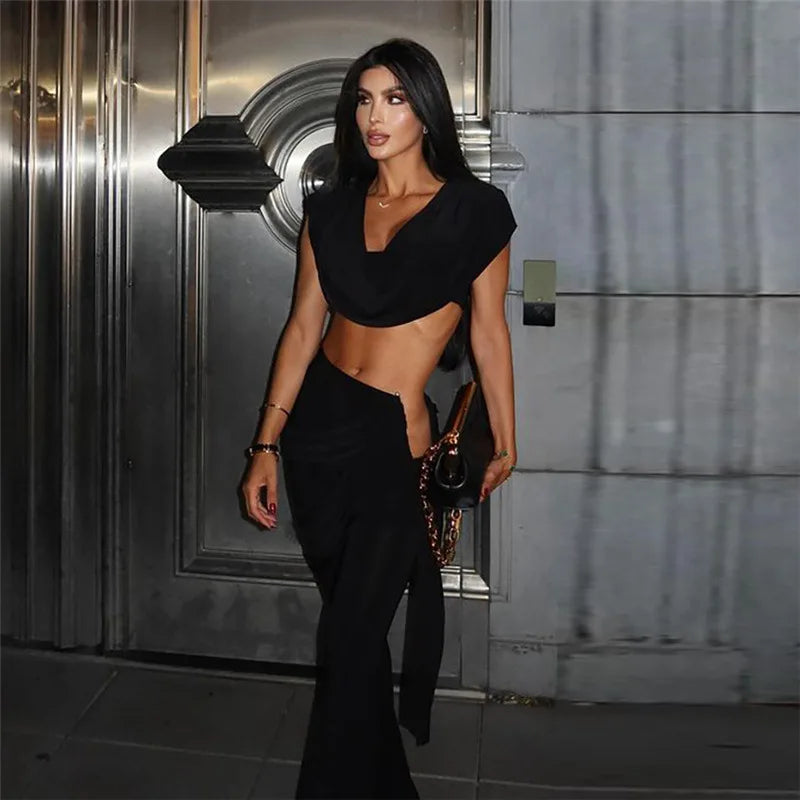 Conjunto de Calças Plissadas Decote em V Umbigo Exposto Sem Mangas Top Curto Slim Fit Calças Abraçando o Quadril