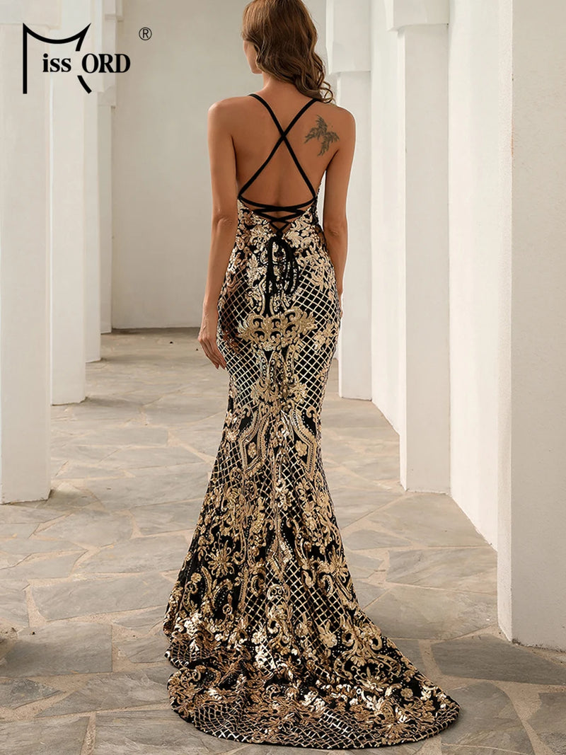 Missord Black Gold Sequin Maxi Evening Dress Elegant Women Spaghetti Strap V Neck Side Split Mermaid Party Prom Dresses Gown