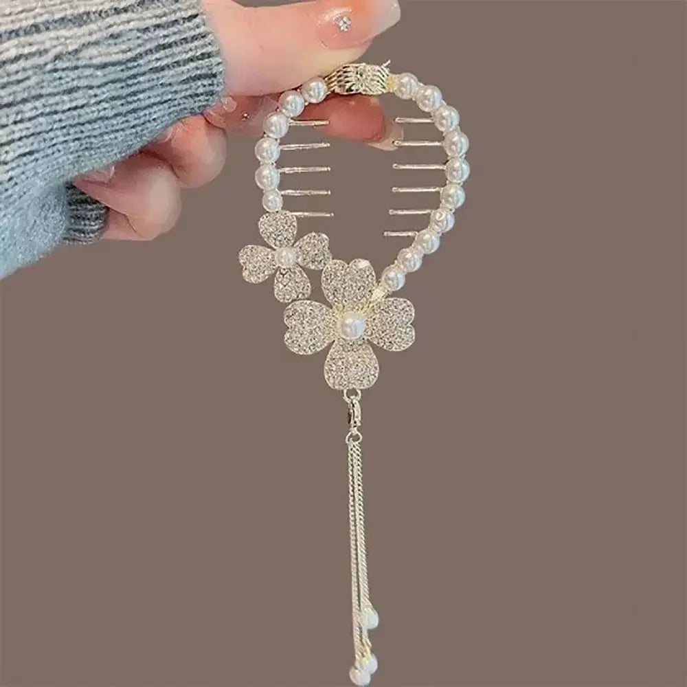 Chinese Style Flower Tassel Hair Bun Buckle High Ponytail Buckle Pearl Chain Pan Hair Claw Clip Fashion Lovely Alloy Headwear