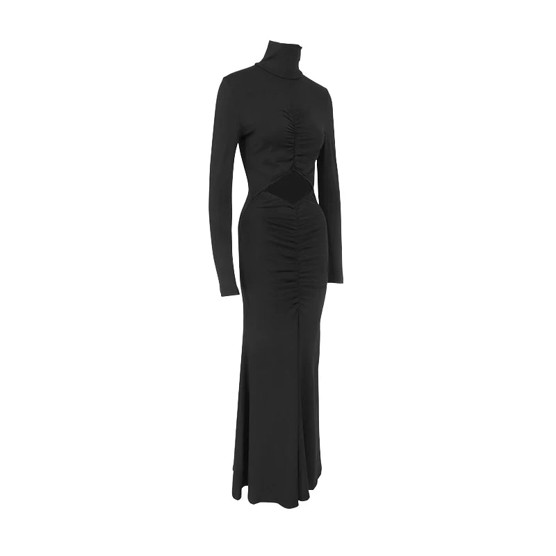 Black Sexy Autumn Dresses Women Fashion New Streetwear Long Sleeves Turtleneck Dress Hollow Out Lady Casual Slim Dress Clothing