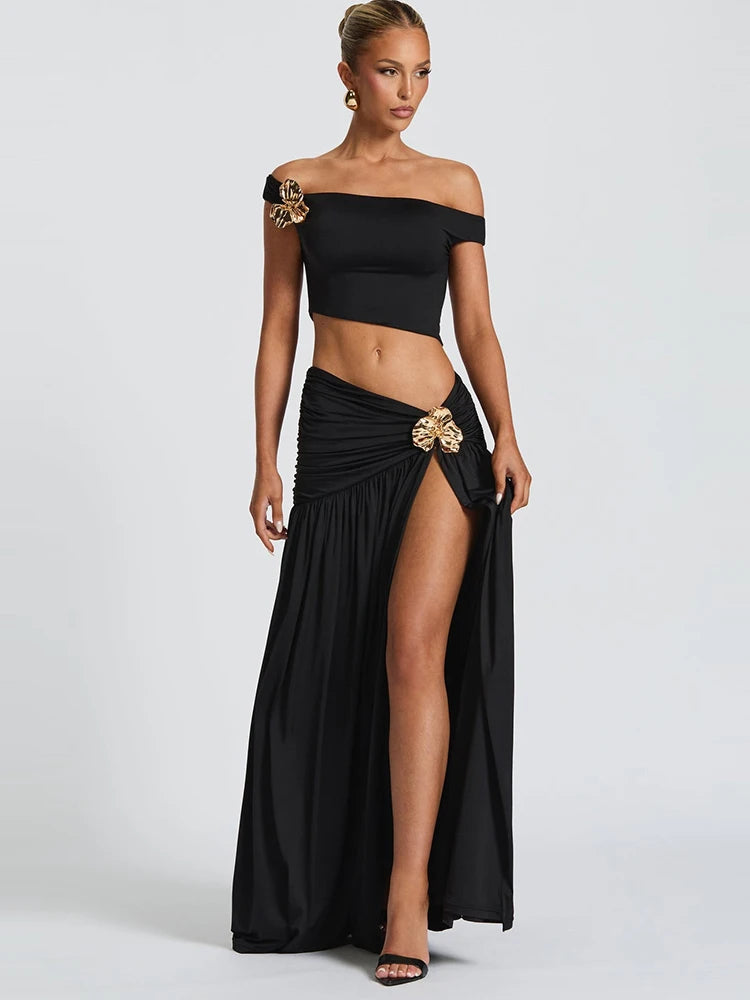 Sibybo Elegant Metal 2 Piece Set Women Partywear Oblique Shoulder Irregular Crop Top Side Slit Ruched Maxi Skirt Matching Outfit