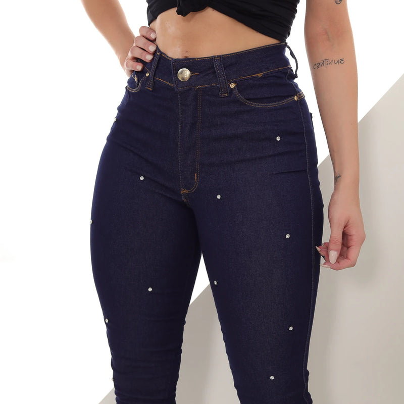 Women's Skinny Dark Jeans Pants with Rhinestones - CRAVO ROSE