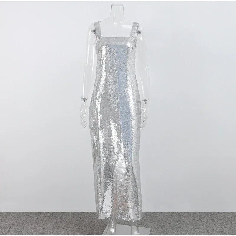 Jinia sexy sling backless silvery party women dresses evening luxury sequins bodycon sleepveless long dress ladies ball gown hot