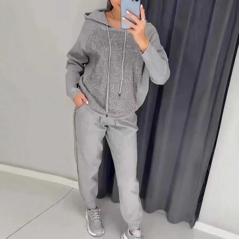 Fashion Diamonds Patchwork Women's Suits Sport Drawstring Hooded Sweatshirt and Long Pants Sets 2025 Vestidos Leisure Sportswear