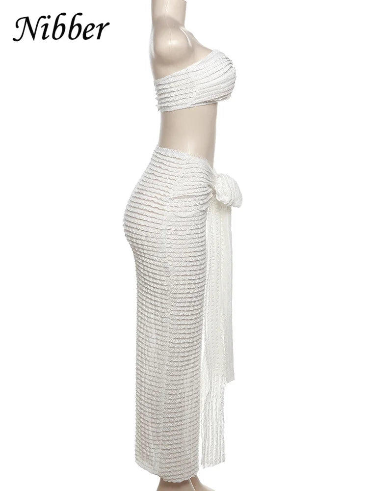 Nibber Elegant Stacked Folds Two Piece Set Women Solid Thin Strapless Chest Tops+Slim Skirts Female Streetwear Matching Suit