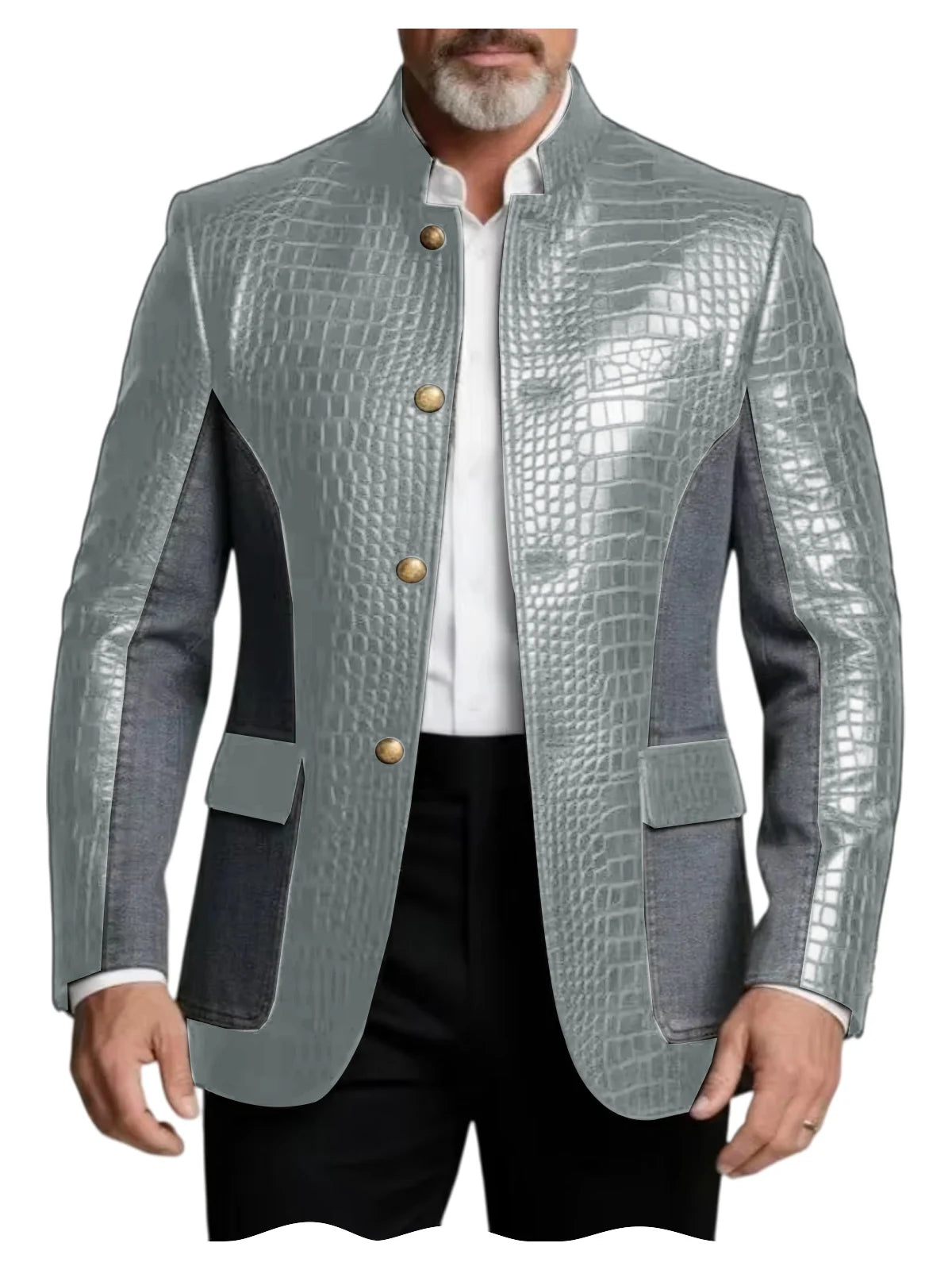 Men's Crocodile Embossed Leather Brown Jacket Patchwork Denim Stand Collar Slim Fit Luxury PU Blazer For Business Casual Party