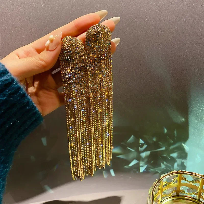 FYUAN Long Tassel Full Rhinestone Drop Earrings for Women Ovsize Crystal Dangle Earrings Fashion Jewelry Accessories
