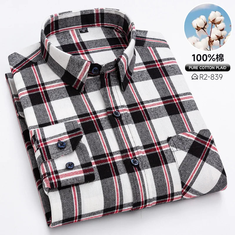 Pure Cotton Men's Plaid Shirt Long Sleeve Regular Fit Men Casual Oversized Shirt Leisure Autumn Male Clothes New Plus Size