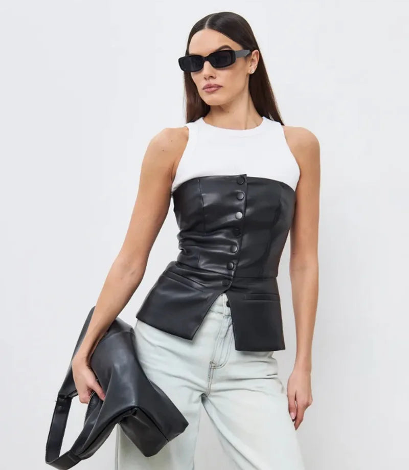 Pulôver Nsauye feminino, de um botão, sexy, sem alças, colete de couro, mini regata justa, moda verão 2025