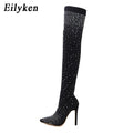 Eilyken Design Cristal Strass Tecido Elástico Sexy Salto Alto Meia Botas Acima do Joelho Bico Fino Pole Dancing Sapatos Femininos - CRAVO ROSE