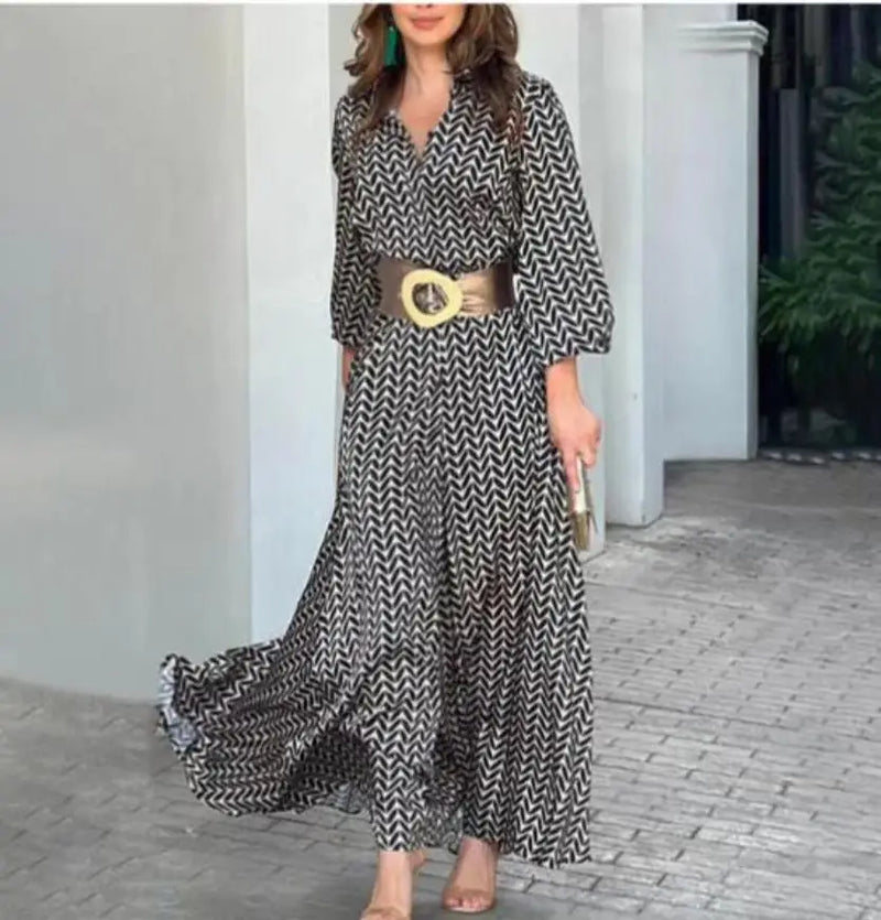 Spring Autumn New Dress Black And White Printed Vintage Elegant V Neck Fashion Leisure Gathering Women Slim Long Dresses MsChuh