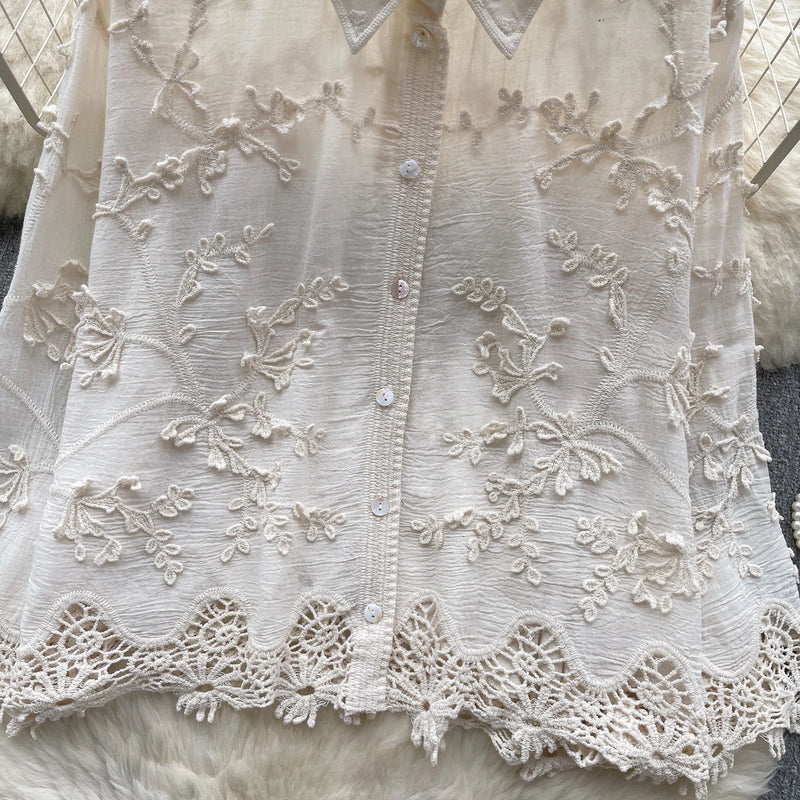 Camisa solta bordada SINGREINY feminina elegante retrô com lapela sólida manga comprida blusa feminina de alta qualidade moda verão
