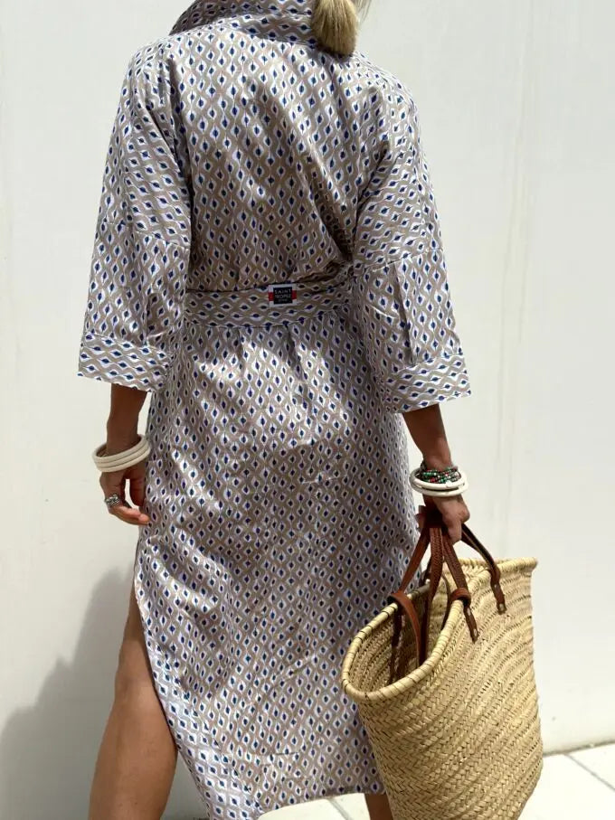 Autumn Long Sleeve Shirt Dress Elegant Belt Long Dress For Women 2024 Fashion Print Button Lapel Neck Casual Dresses Robe Femme