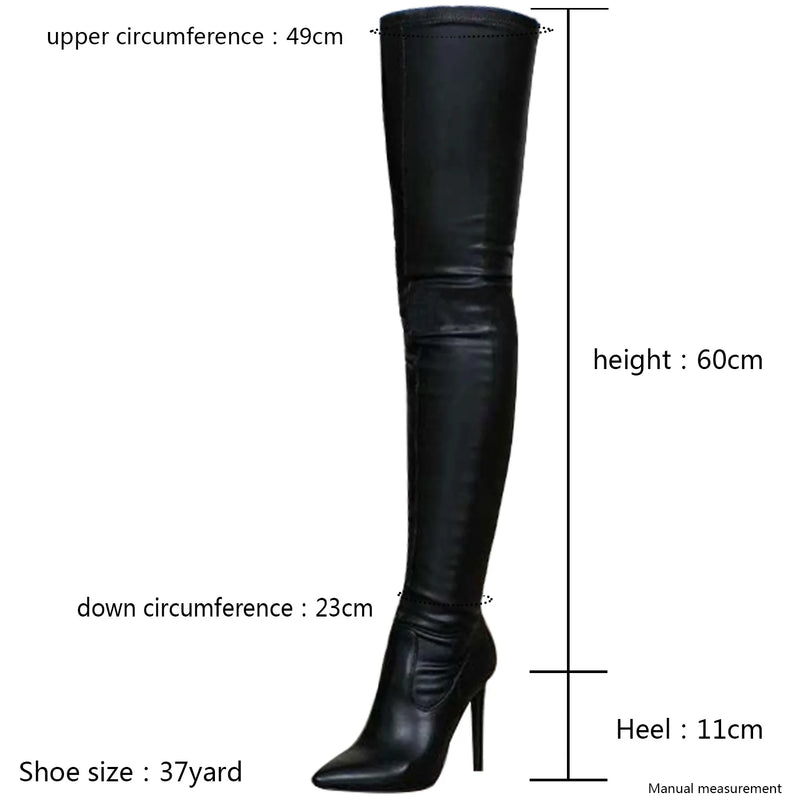 Novas botas acima do joelho femininas, salto alto fino, botas elásticas da moda feminina, tamanho grande 46 47, botas femininas