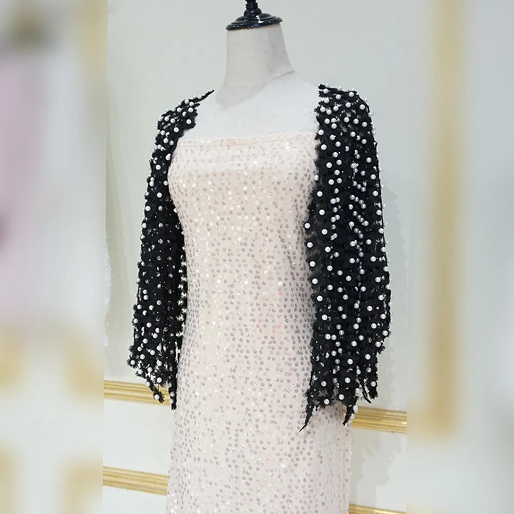 Women Beads Coat 2025 Summer Style Women Perspective Shawl Fashion Hollow Out Lace Boleros Short Sleeve Coats Jackets Femal